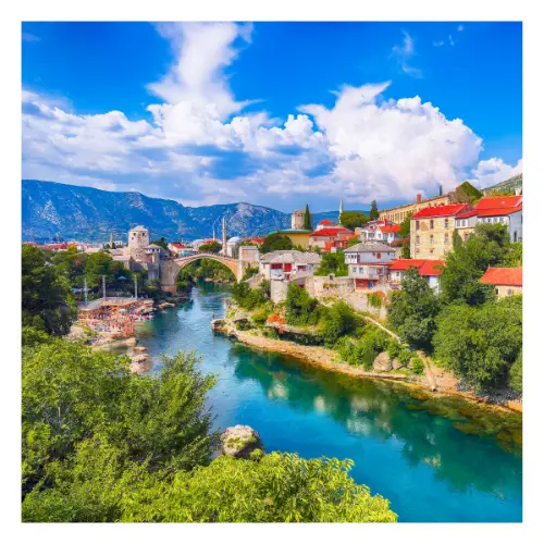 mostar view to the river and the bridge